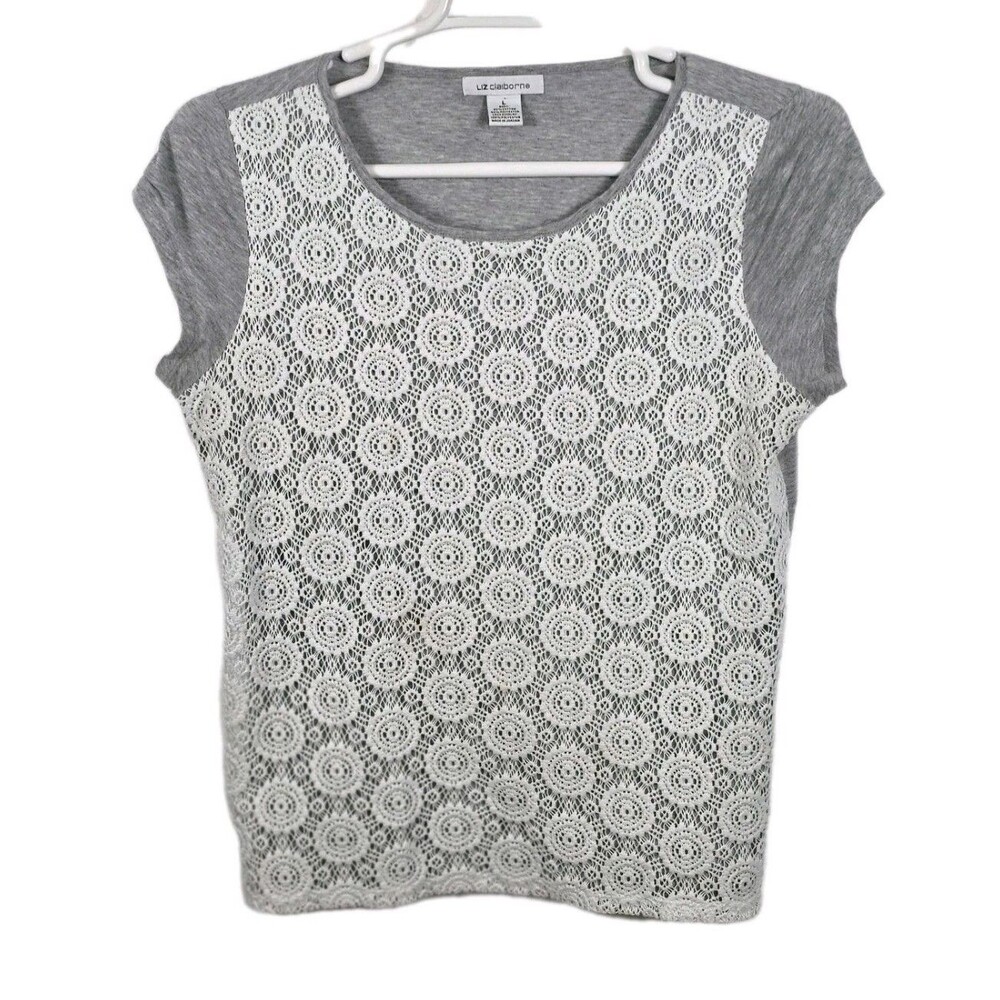 Liz Claiborne Woman’s Size Large Heather Gray Lace Lined Short Sleeve‎ Shirt